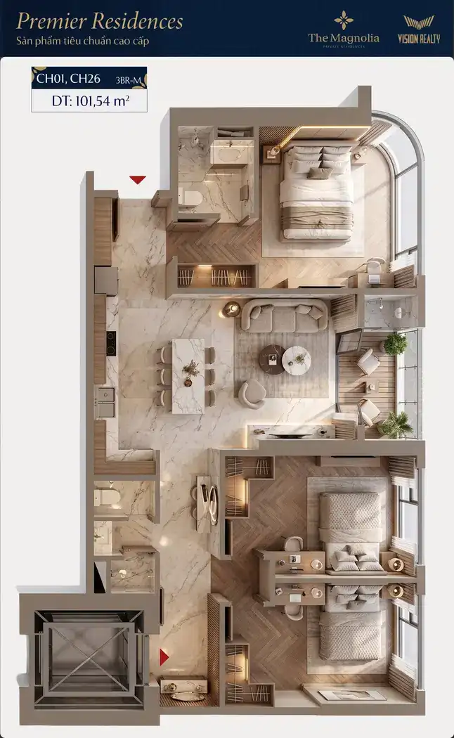 Ảnh 3D căn hộ 3BR-M CH01 The Magnolia